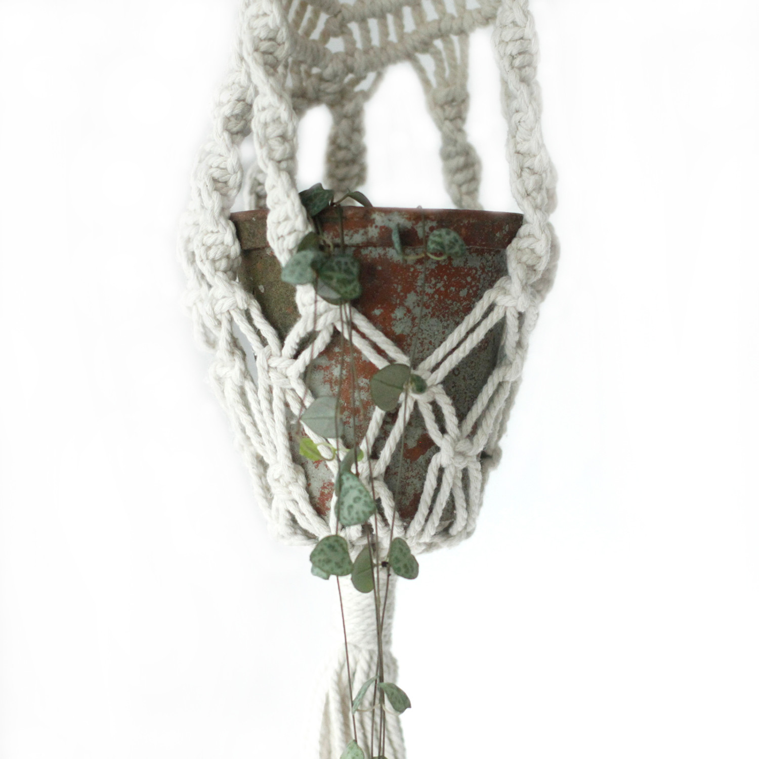 Macrame Pot Holder - Long with Rattan Hoop - Click Image to Close